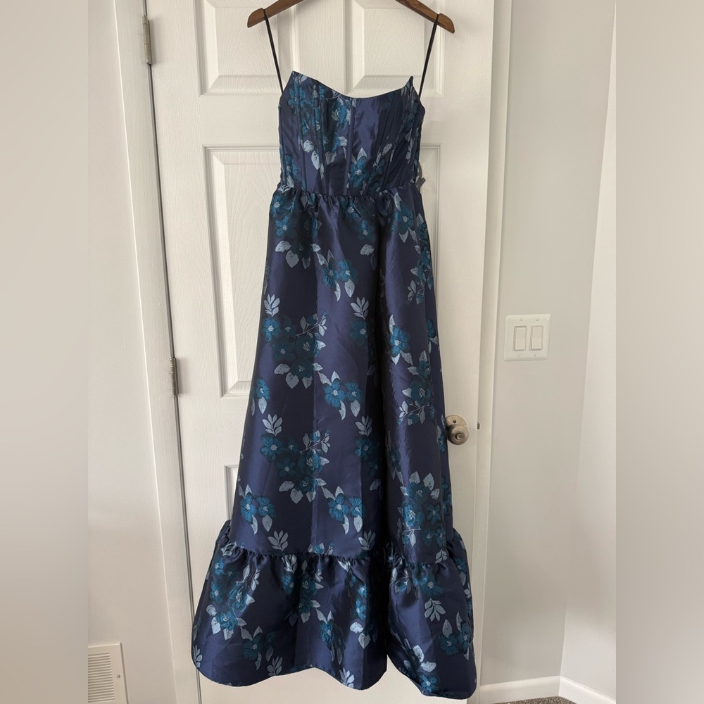 Dessy Collection ; Women's Navy Rose Damask Strapless Cat-Eye Bodice Maxi Dress - Picture 4 of 16